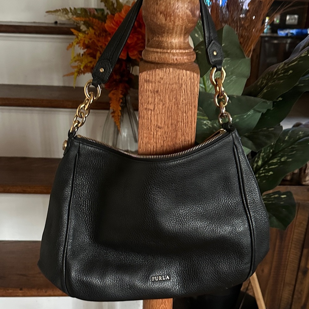 Furla Black Leather Shoulder Bag with Gold Accents